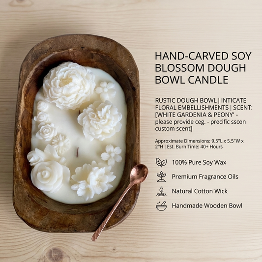 Dough Bowl Candle | Carved Wood Bowl | Floral Candle