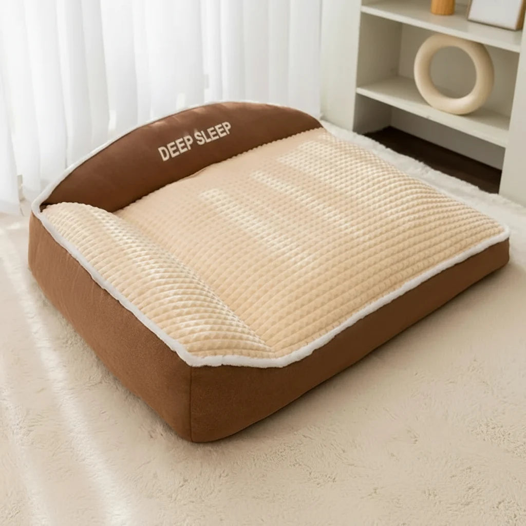 Cozy Bolster Pet Sofa Bed – Non-Slip Winter Warm Dog & Cat Kennel with Removable Washable Cover, Striped (Gray & Brown, M–3XL)