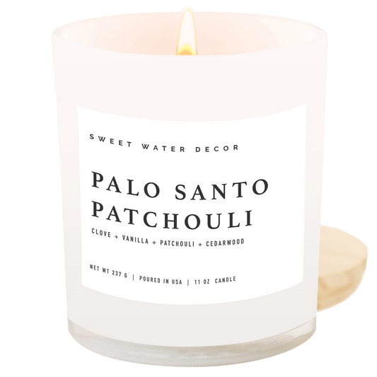 Bougie au palo santo et au patchouli, cire de soja – pot blanc – 11 oz