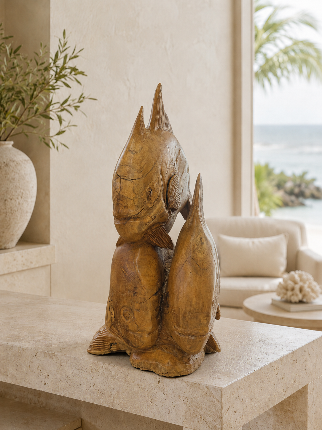 Twin Current Hand-Carved Teak Permit Sculpture