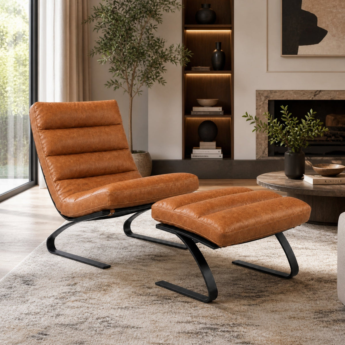Lavello Top Grain Leather Chair and Stool Set