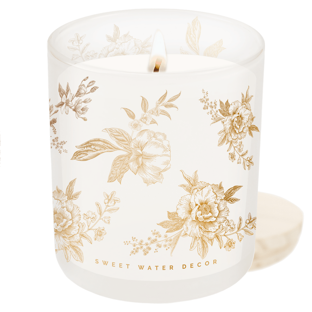 Gold Floral Soy Candle - White Translucent Tinted Glass Jar - 12 oz (Fresh Apple Blossom)