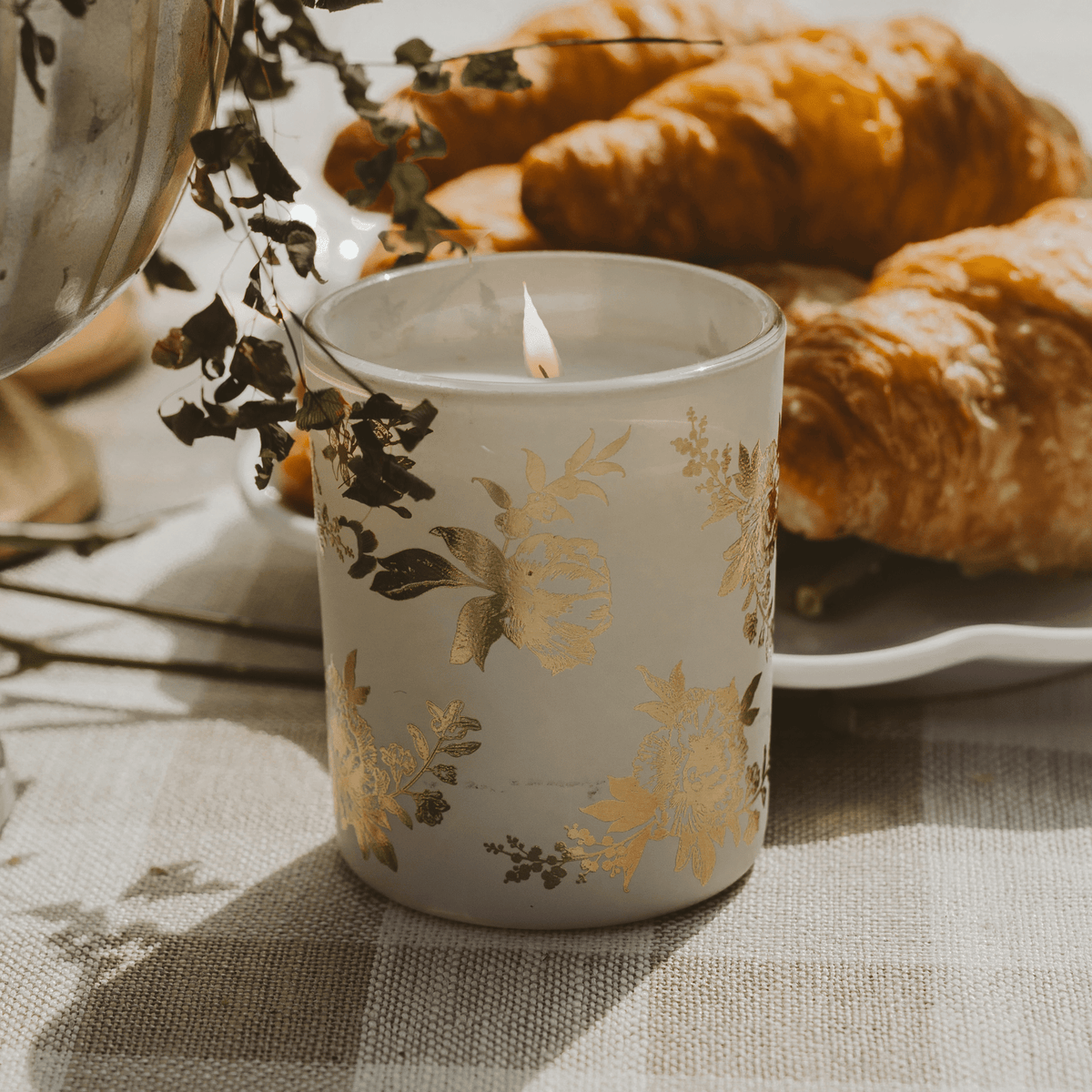 Gold Floral Soy Candle - White Translucent Tinted Glass Jar - 12 oz (Fresh Apple Blossom)