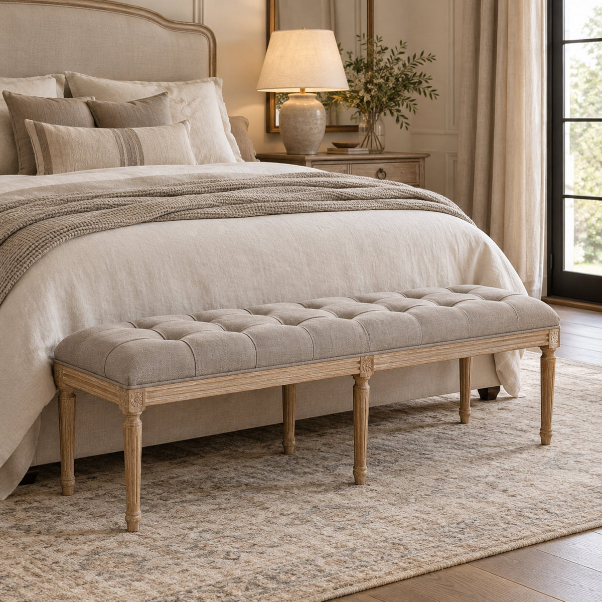 Louis Tufted Linen Oak Bench