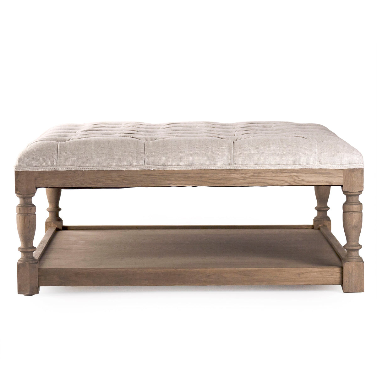 Square Tufted Natural Linen Oak Ottoman