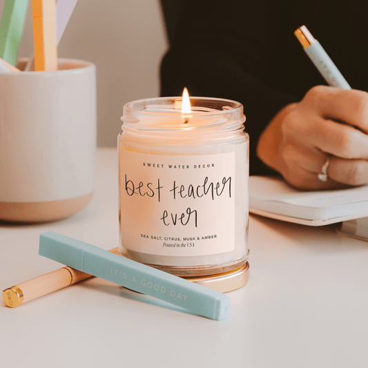 Candela in soia "Best Teacher Ever" - Barattolo trasparente - 9 oz (Sale e Mare)