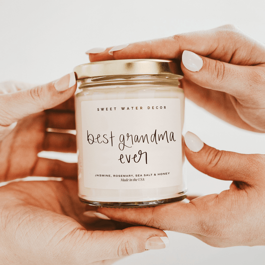 Bougie en cire de soja Meilleure grand-mère du monde - Pot transparent - 255 g (Fleurs sauvages et sel)