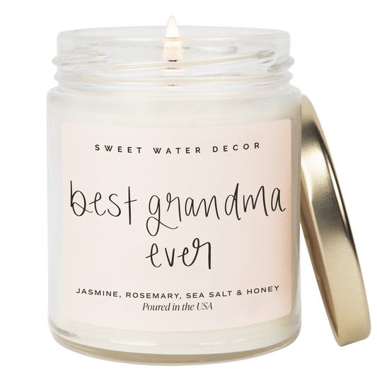 Bougie en cire de soja Meilleure grand-mère du monde - Pot transparent - 255 g (Fleurs sauvages et sel)