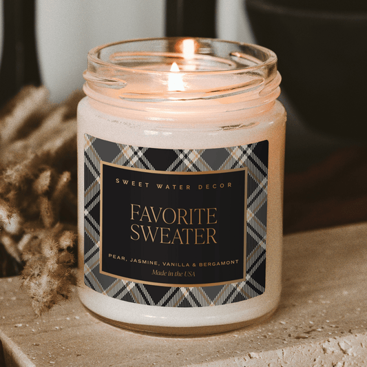 Bougie en soja Favorite Sweater - Motif 255 g - Pot transparent (Cachemire et vanille)