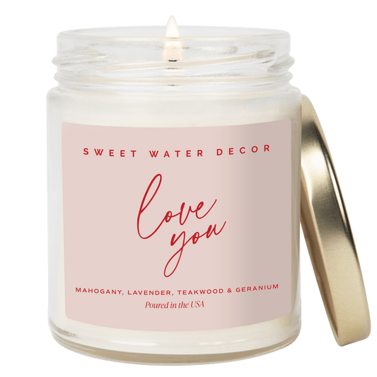 Candela in cera di soia Love You con decoro - Barattolo trasparente - 9 oz