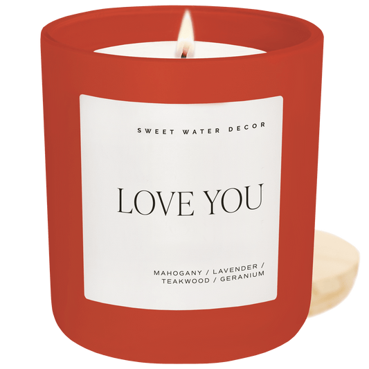 Bougie en cire de soja Love You - Pot rouge mat - 425 g (Bois flotté et Acajou)