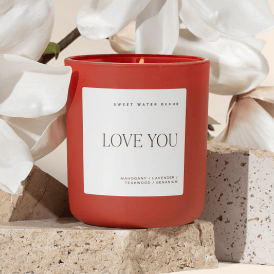 Bougie en cire de soja Love You - Pot rouge mat - 425 g (Bois flotté et Acajou)