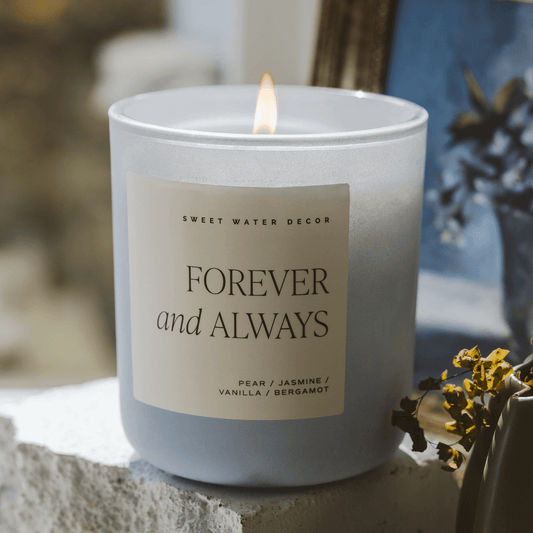 Bougie en cire de soja « Forever and Always » - Pot bleu mat - 15 oz (Cachemire et vanille)