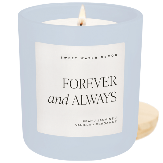 Bougie en cire de soja « Forever and Always » - Pot bleu mat - 15 oz (Cachemire et vanille)