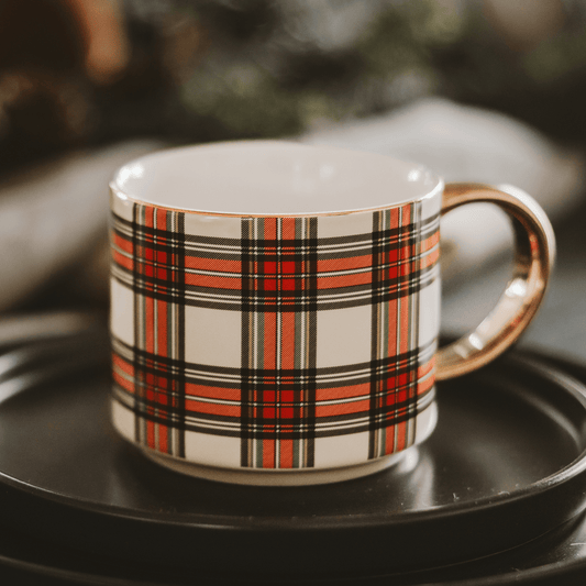 White Plaid 14 oz Gold Handle Coffee Mug