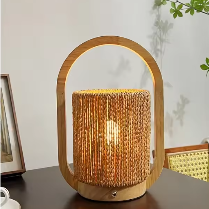 Organic Jute Woven Arch Desk Lamp - Sustainable Bohemian Nightstand Lighting