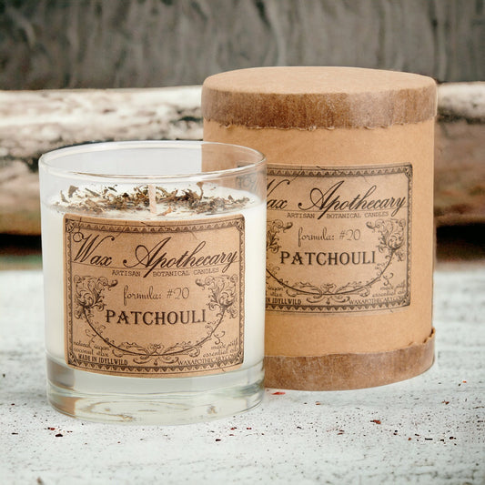 Candela botanica al patchouli da 7 oz in bicchiere tipo scotch