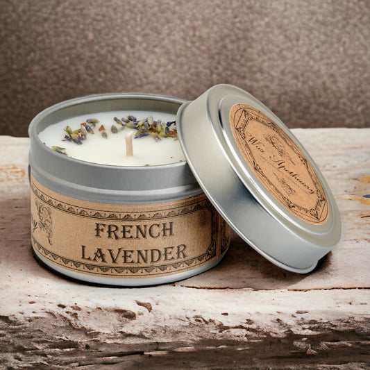 Candela botanica alla lavanda francese in barattolo da viaggio