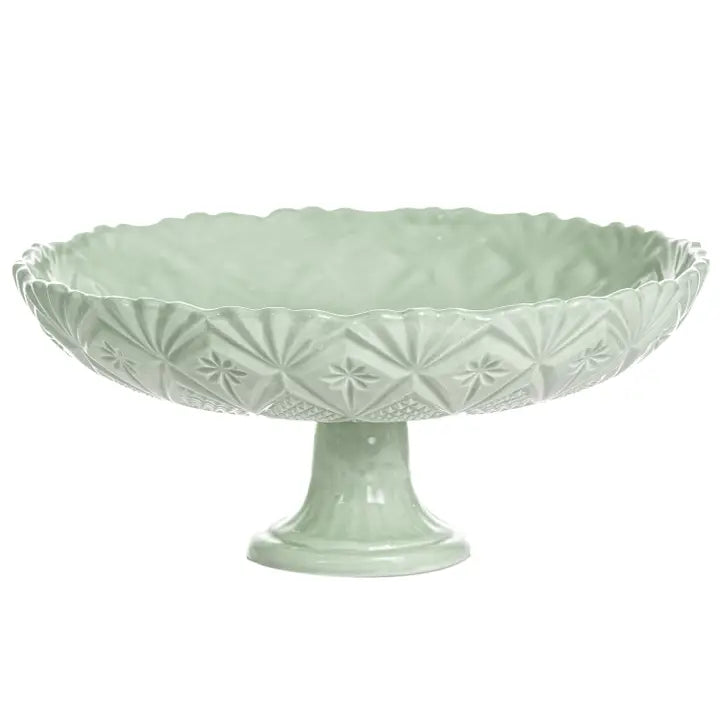 Vintage Inspired Handmade Ceramic Cake Stand – Green, White, Gray & Taupe