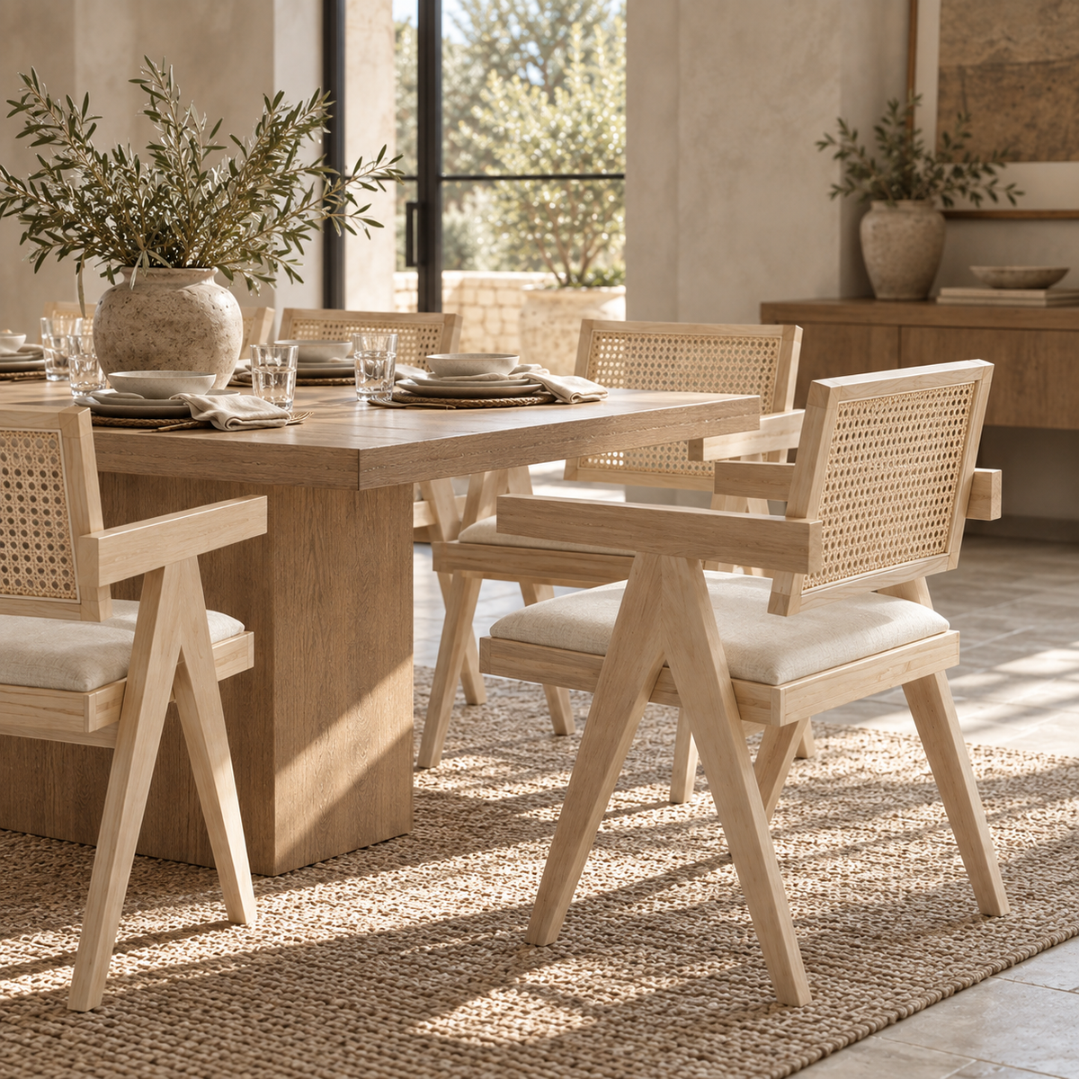 Enya Hardwood Dining Armchair with Rattan Back & Cushioned Seat
