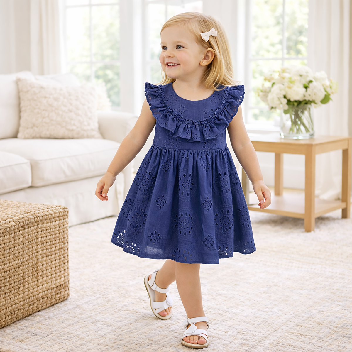 Girls' Eyelet Ruffle Dress - Cotton Blue Embroidered