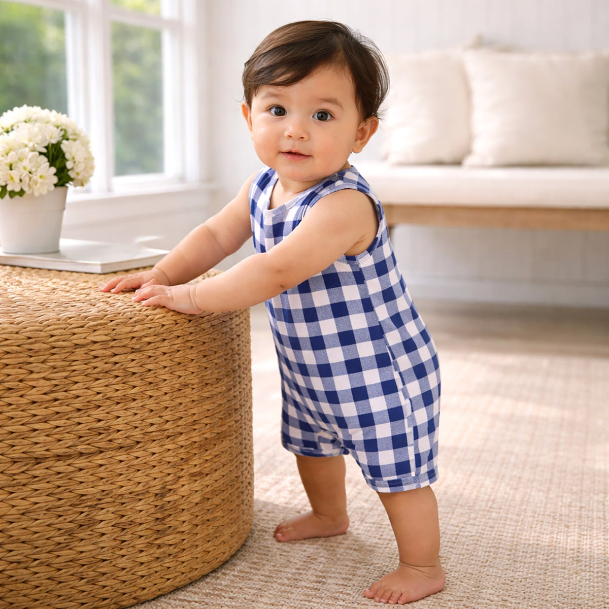 Picnic Plaid Soft Bamboo Sleeveless Baby Shortall Romper