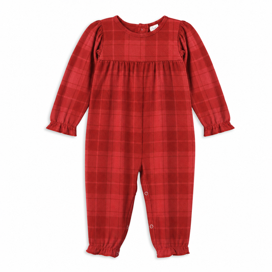 Barboteuse à carreaux rouges pour bébé fille avec volants et manches bouffantes