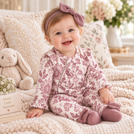 Combinaison zippée motif tapisserie florale - Tenue pour bébé fille en bambou