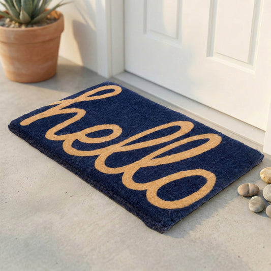 Cursive Hello Doormat Handwoven, Durable - Dark Blue