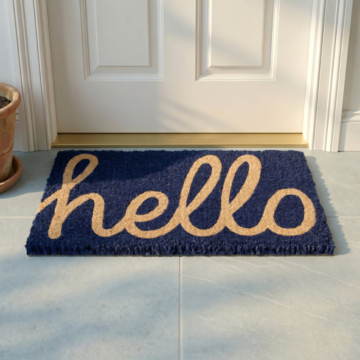 Cursive Hello Doormat Handwoven, Durable - Dark Blue