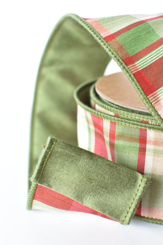 2.5" x 10yd Red/Green/Tan Plaid Dupioni Silk Ribbon