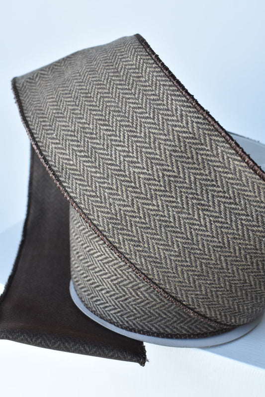 4" x 10yd Brown/Tan Woven Herringbone Ribbon