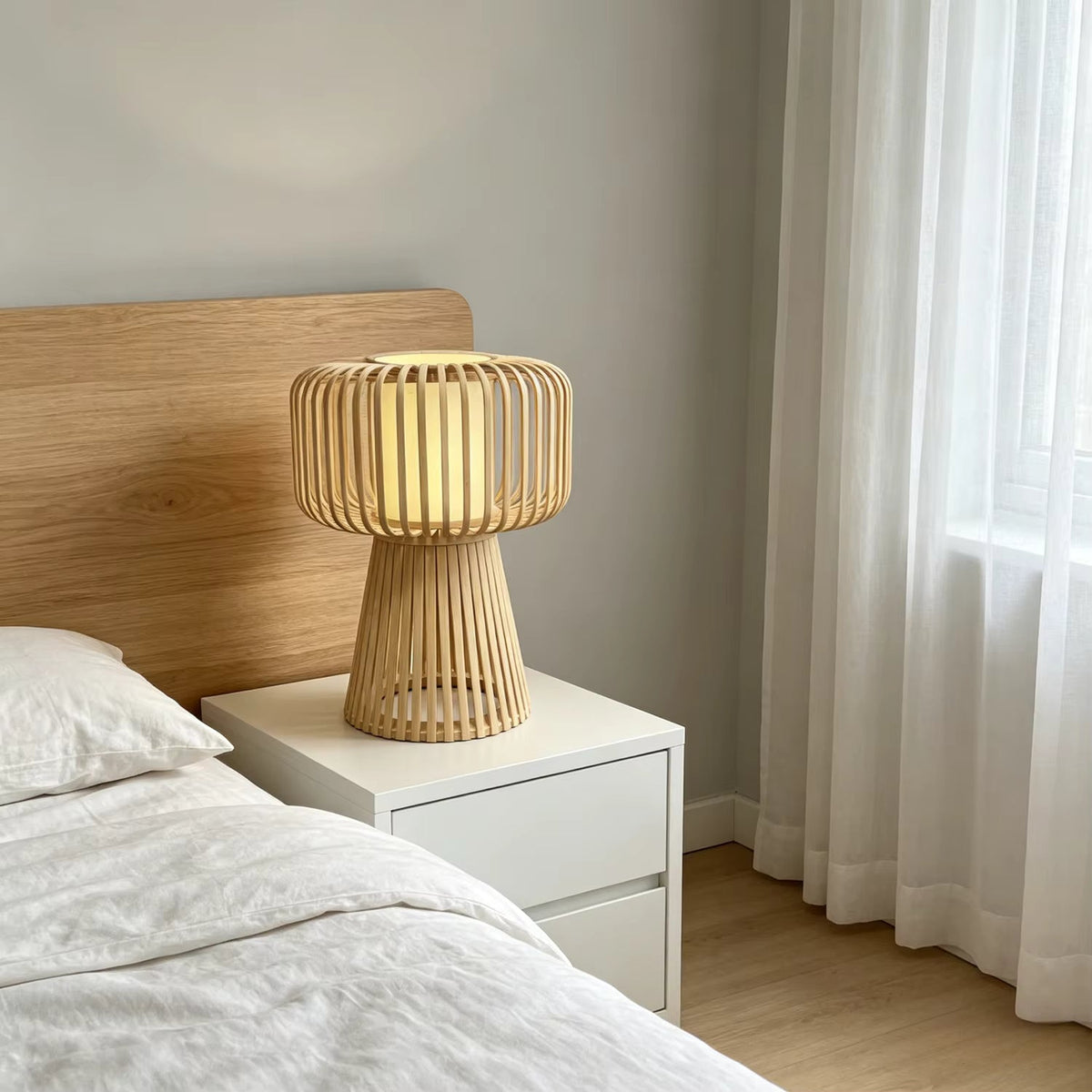 Handcrafted Natural Bamboo Mushroom Table Lamp | Slatted Woven Desk Light