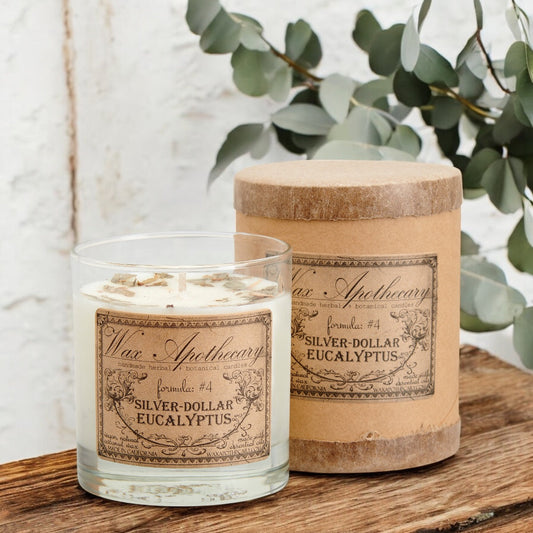 Candela botanica al profumo di eucalipto Silver-Dollar da 7 oz in bicchiere da scotch