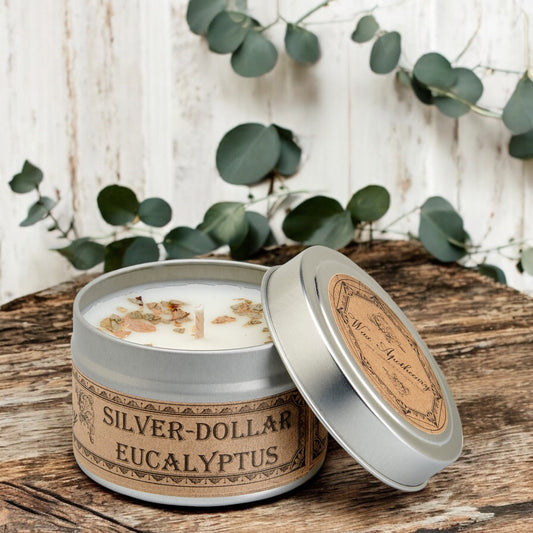 Candela botanica da viaggio in latta - Eucalipto Silver-Dollar