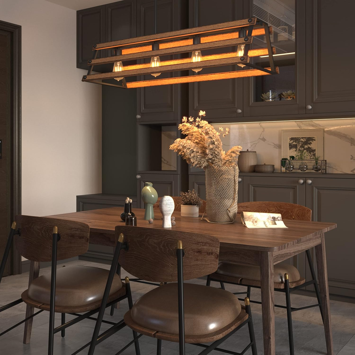 Farmhouse 4-Light Linear Farmhouse Textured Black and Faux Painted Wood Finish