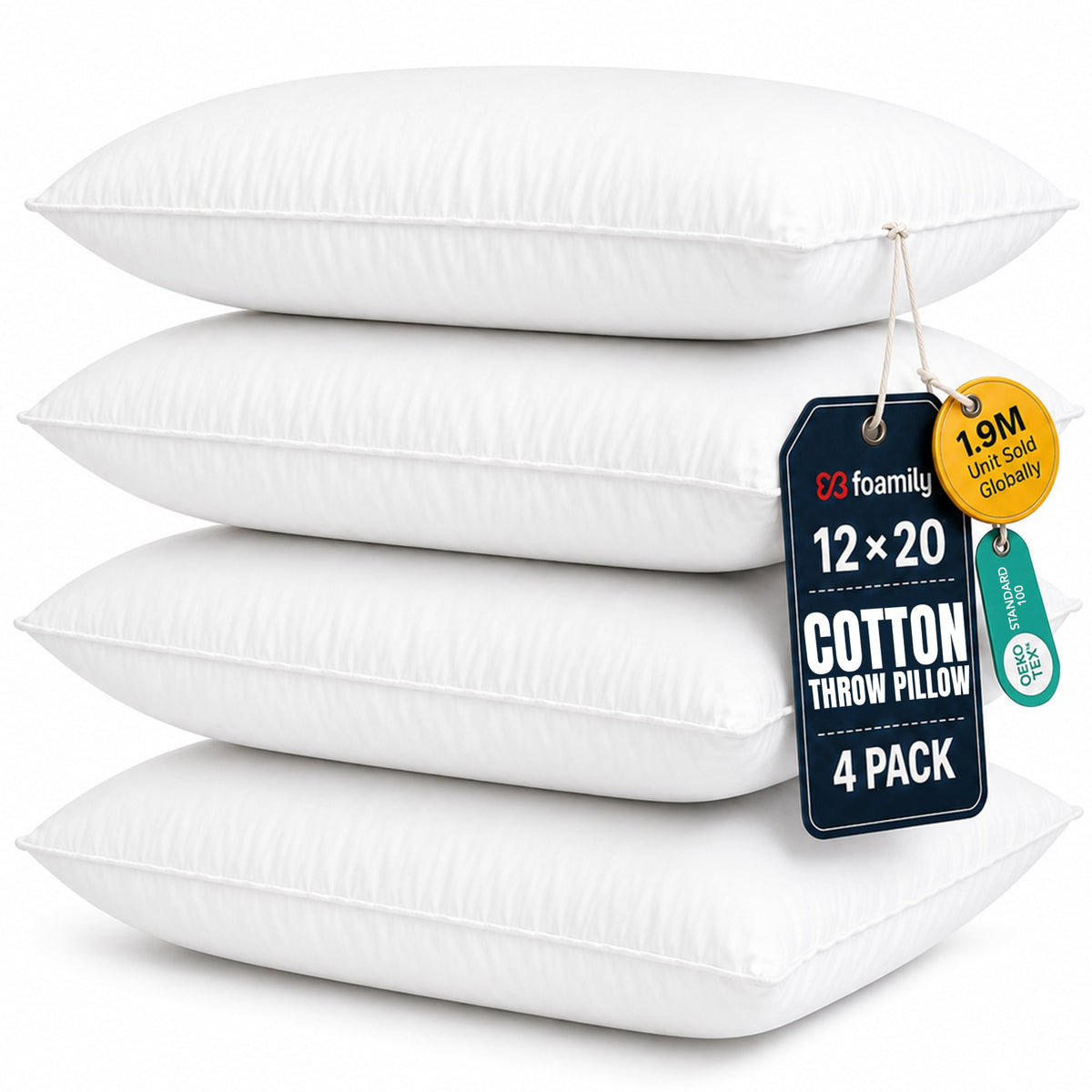 Foamily 18x18 Pillow Inserts Set of 4, 100% Cotton Cover Throw Pillow Inserts, Decorative Square Pillow Stuffers for Couch, Sofa, Bed & Home Decor, White 4 Pack