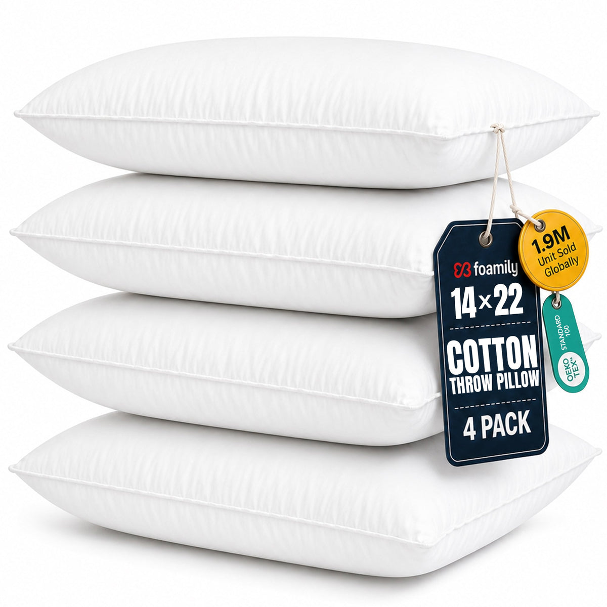 Foamily 18x18 Pillow Inserts Set of 4, 100% Cotton Cover Throw Pillow Inserts, Decorative Square Pillow Stuffers for Couch, Sofa, Bed & Home Decor, White 4 Pack