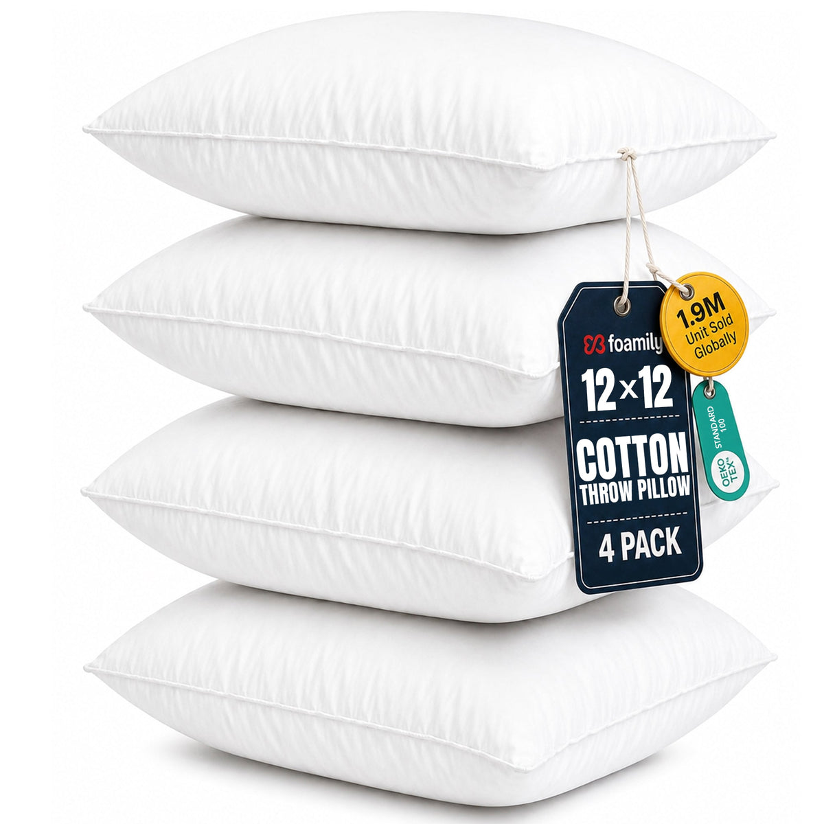 Foamily 18x18 Pillow Inserts Set of 4, 100% Cotton Cover Throw Pillow Inserts, Decorative Square Pillow Stuffers for Couch, Sofa, Bed & Home Decor, White 4 Pack