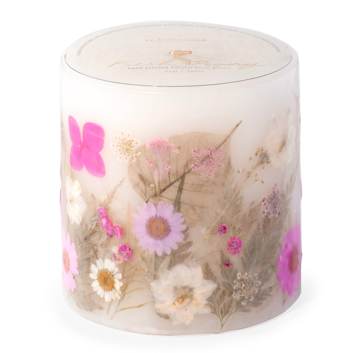 Fresh Peony Pressed Flower Pillar Candle
