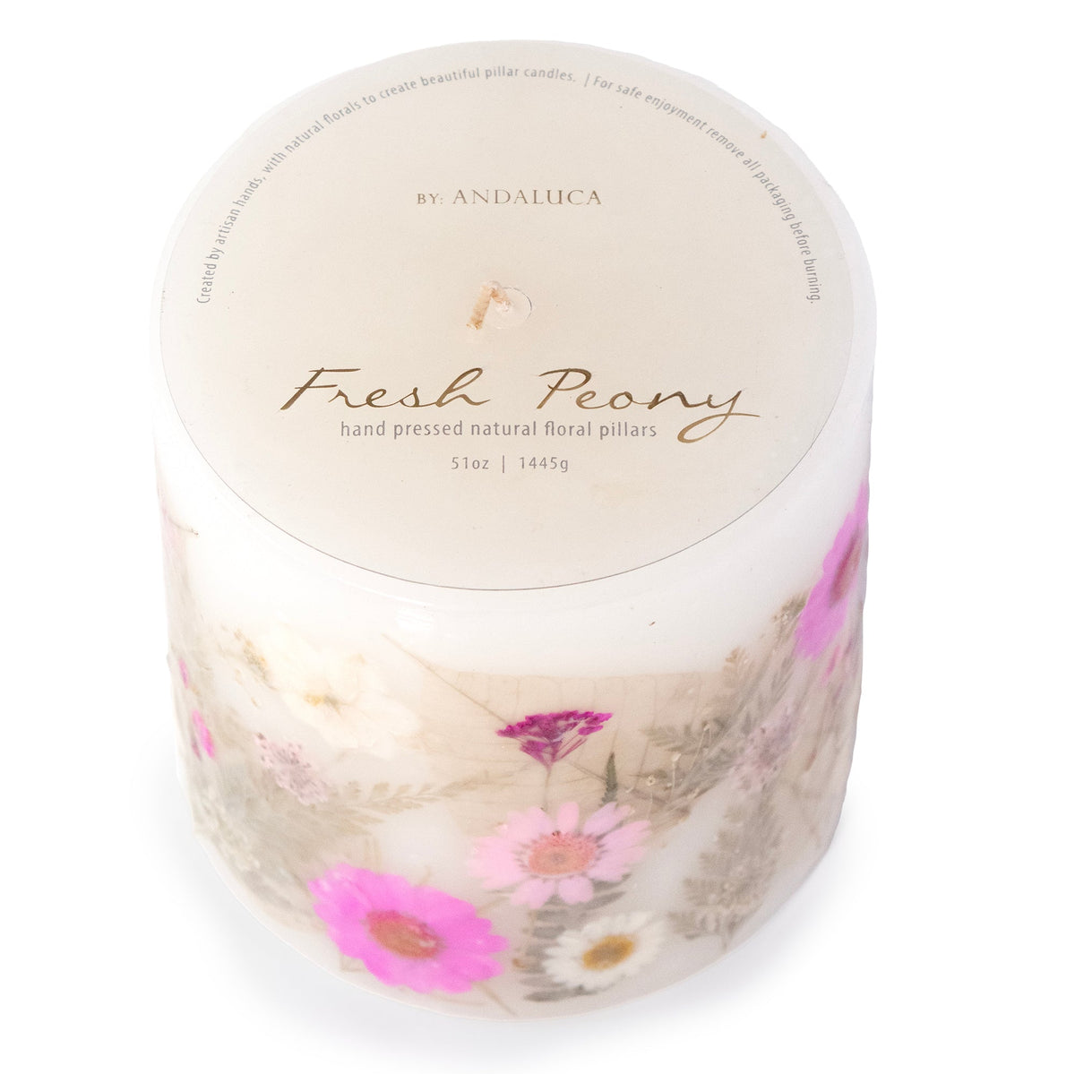 Fresh Peony Pressed Flower Pillar Candle