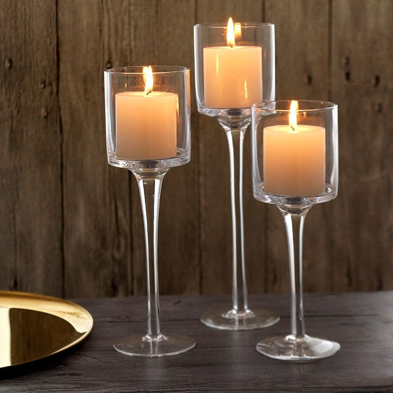 Bougeoir sur pied conique en verre transparent (lot de 3)