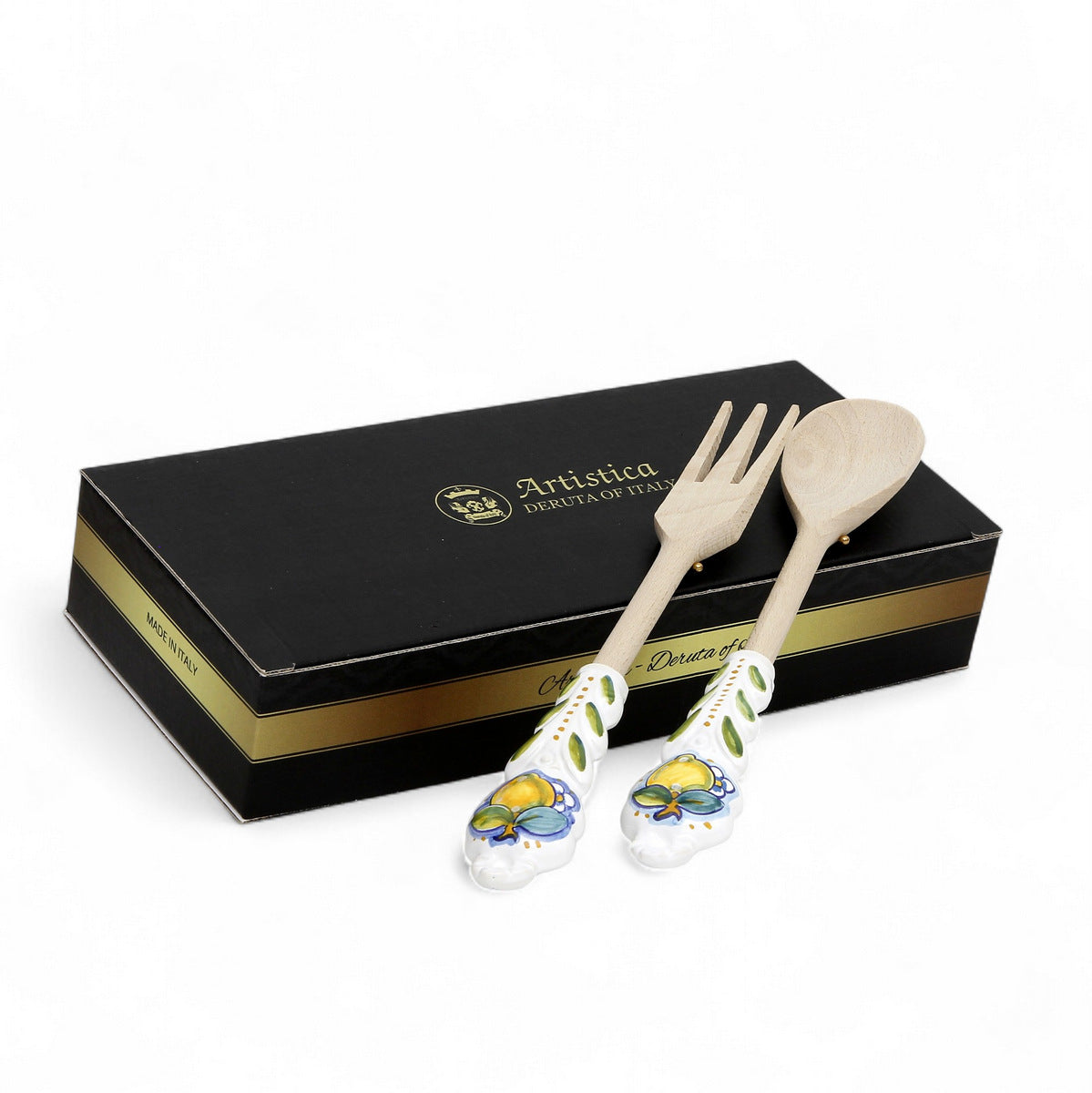 SET D'USTENSILES : Design RICCO DERUTA - Bois dur avec manche en céramique peinte à la main (ensemble de deux pièces)