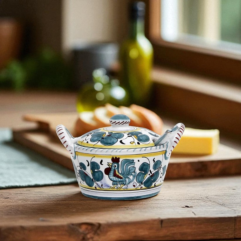 ORVIETO GALLO VERDE: Formaggiera in ceramica con coperchio e cucchiaino