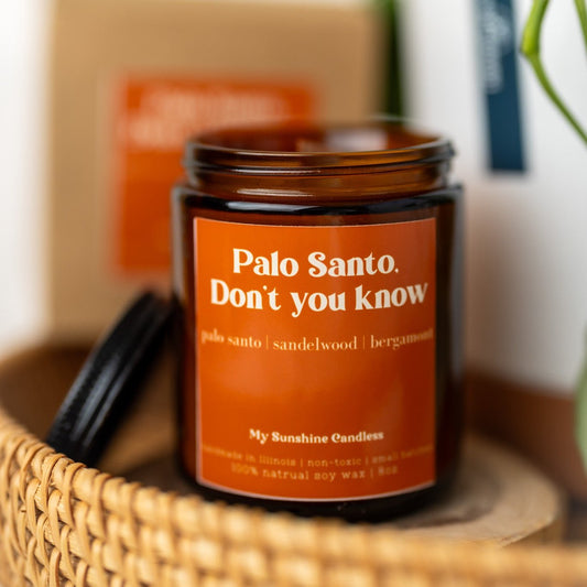 Bougie Palo Santo « Don’t You Know » – Bougie en cire de soja, pot ambré de 225 g – Cadeau relaxant et humoristique