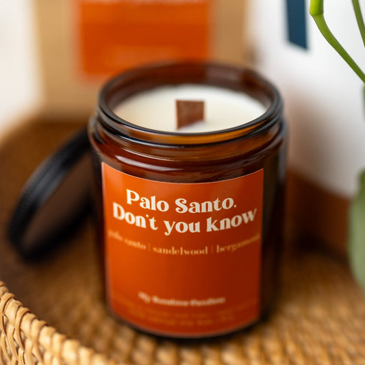 Bougie Palo Santo « Don’t You Know » – Bougie en cire de soja, pot ambré de 225 g – Cadeau relaxant et humoristique
