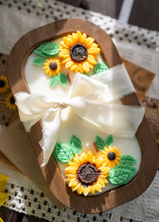 Bougie tournesol en bois – Bougie artisanale en cire de soja à motif floral – Cadeau de décoration rustique pour la maison