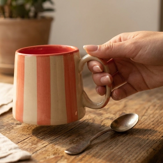 Tasse à café à rayures roses | Mug en grès peint à la main | 220 ml (lot de 2)