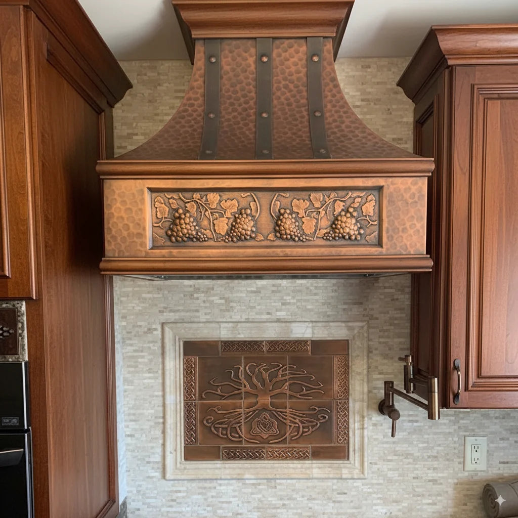 Tuscan-Inspired Hand-Hammered Copper Range Hood – Vintage Farmhouse Kitchen Accent