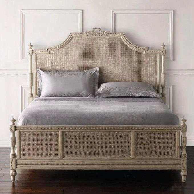 Antique-Style French Rattan Bed – Hand-Carved Wooden Cane Design